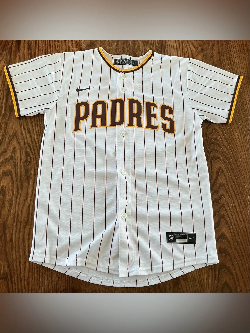 Nike White Padres Pinstripe Jersey with Brown and Gold Accents